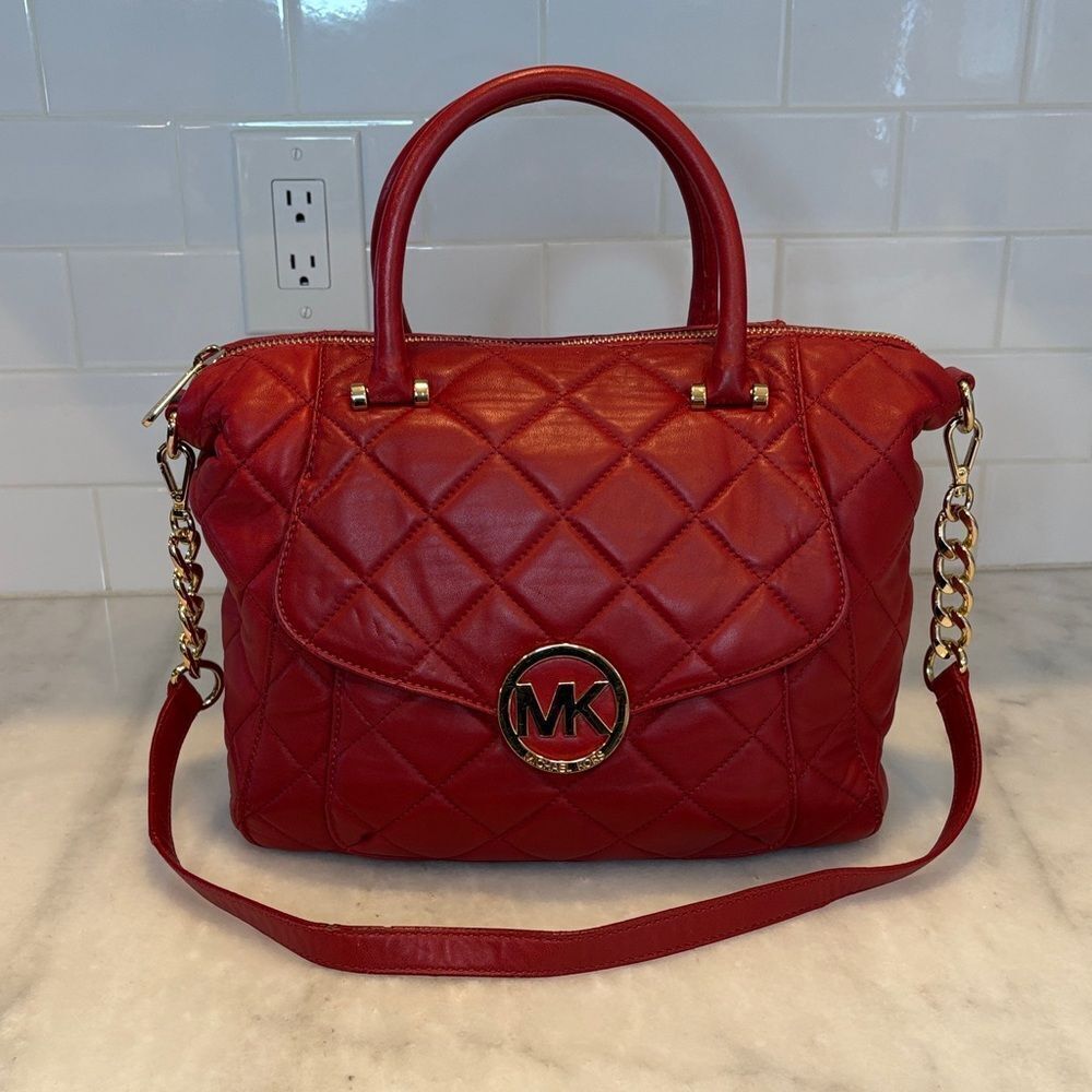 Michael Kors Bag Purse Handbag Leather Fulton Quilted Soft Crossbody Satchel Bag
